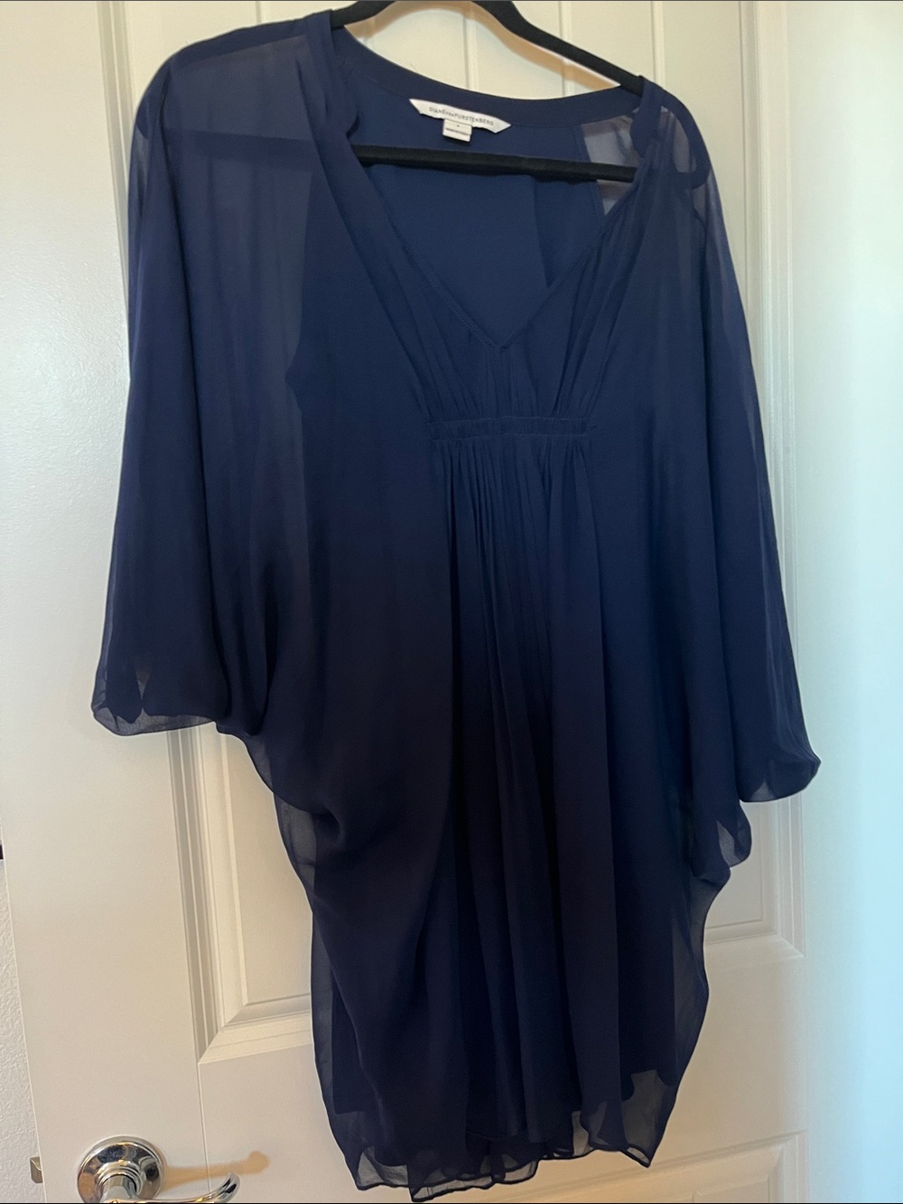 Diane Von Furstenberg Navy Sheer V-Neck Tunic with Lined Bodice